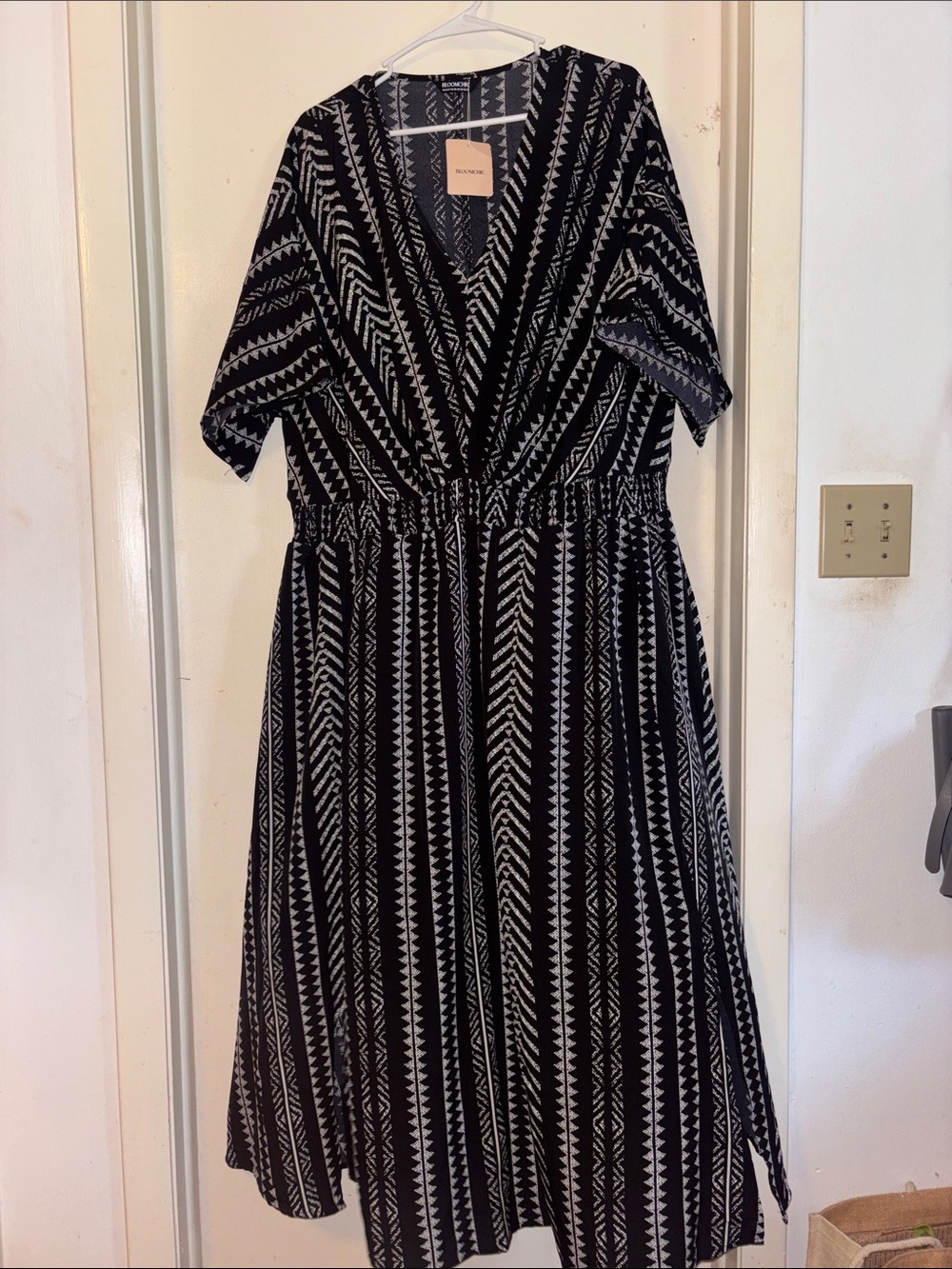 BloomChic Black & White V-Neck Patterned Midi Dress